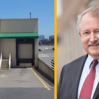 Warehouse loading dock and a professional man portrait