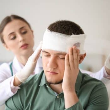 Man Holding His Bandaged Head In Pain